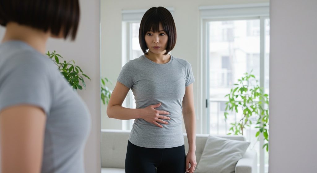 お腹をおさえている女性