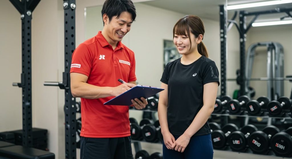トレーナーと話している女性